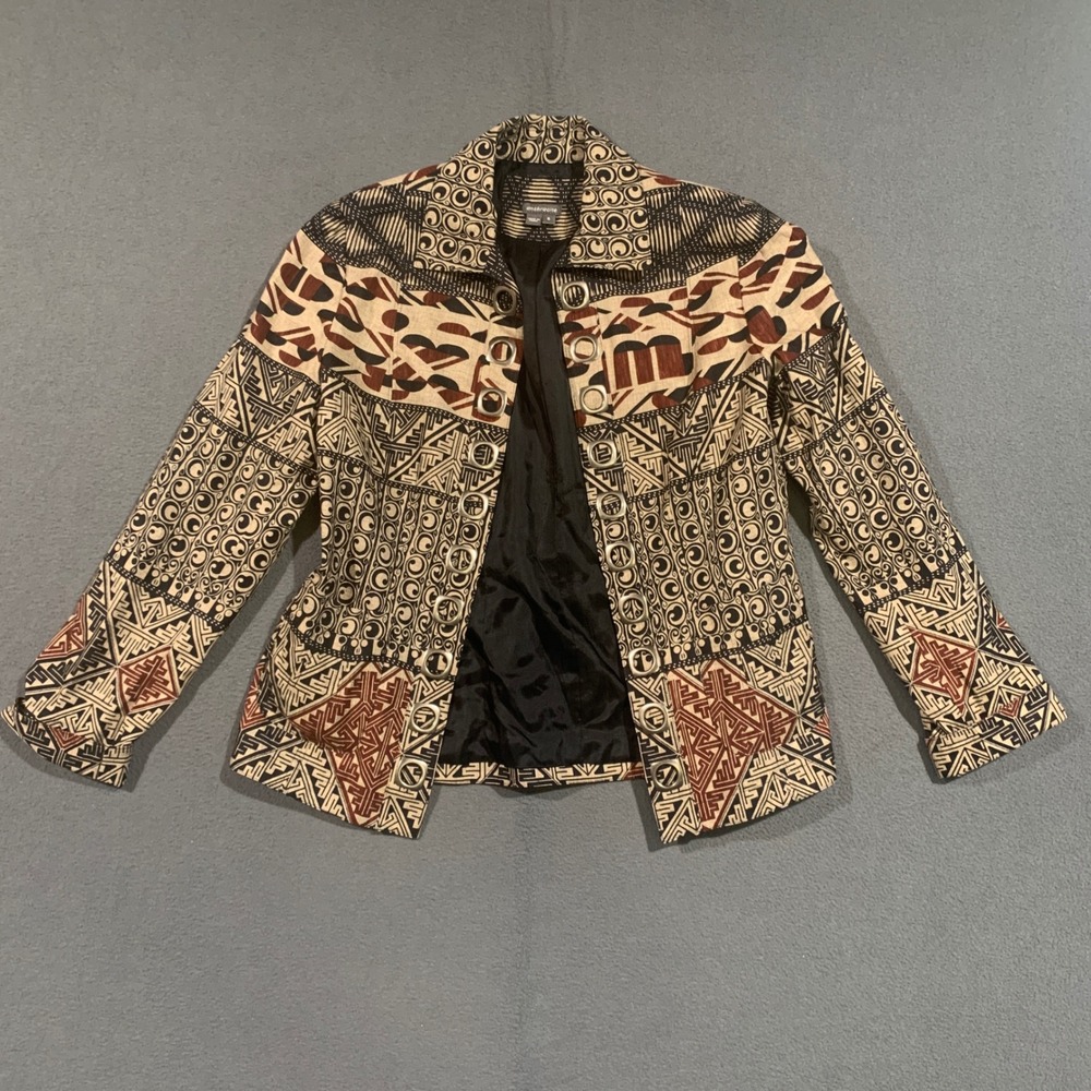 Anthracite Womens 100% Silk Tribal Geometric Grommet Blazer Jacket Tan Black 8‎